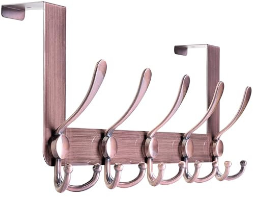 HONSKY Over Door Hook- Rustic,5 Triple Hooks Sturdy Over Door Hanger,Metal Durable Door Towel Rack for Hanging Coat,Clothes,Jacket,Antique Bronze Red