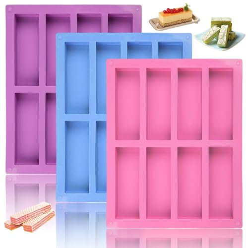 Rairsky 3 Pieces 8 Cavity Large Rectangle Deep Chocolate Bar Moulds Silicone,Granola Bar Cavity Large Rectangle Moulds,Energy Cereal Bars Mould,Reusable Silicone Baking Tray,for Pudding Butter Soap