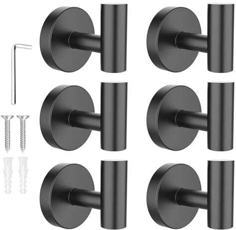 SetSail Towel Hooks for Bathrooms 6 Packs Screw-in Stainless Steel Bathroom Towel Hook Wall Mounted Matte Black Shower Towel Hooks for Coat Hanging, Drill Hole