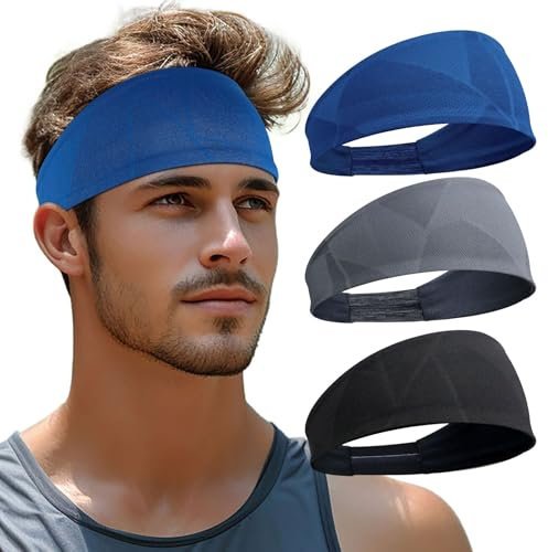 Sport Stirnbänd Herren Damen - Double Sided Dünn Dehnbare rutschfest Haarband, Atmungsaktiv Schweißband Stirn für Fitness, Laufen, Radfahren, Wandern(3 Pack) (Schwarz+Grau+Marineblau)