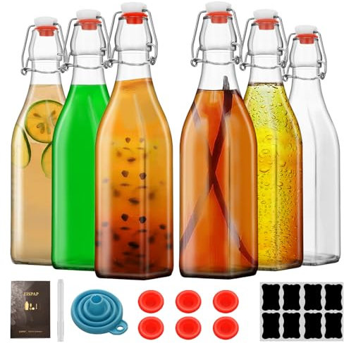 eispap 6 Pack 16oz Square Swing Top Glass Bottles, 500ML Bottles with Airtight Stoppers for Kombucha, Kefir, Vanilla Extract, Beer(Bonus Gaskets, Labels and Funnel)