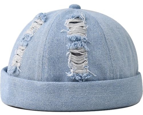 Kantlösa mössor för män kvinnor vintage denim docker mössa keps inget brätte hatt justerbar rullad manschett hamn hatt skalle keps, Ljusblått, en storlek