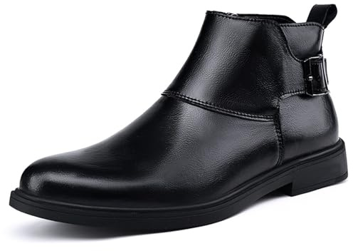 Stivali Chelsea da uomo in vera pelle a punta con fibbia regolabile con cerniera interna stivaletti casual formali da lavoro, Nero , 45 1/3 EU