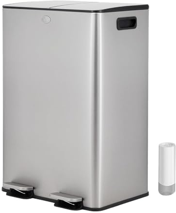 Vidacharmy - Cubo de Basura para Cocina 2 x 20L (40L), Cubo de Reciclaje Doble, de Acero Inoxidable Antihuella, con Tapa de Cierre Suave y Pedal, Incluye 20 Bolsas de Basura, Compartimentos Separados