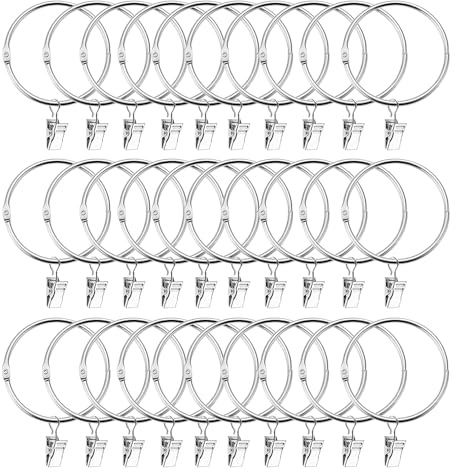 30 Anillas para Cortinas de Metal con Clips, 5cm Argollas para Cortinas de Acero Inoxidable para Colgar Cortinas, Cortinas para Puertas, Tiendas de Campaña(Plata)