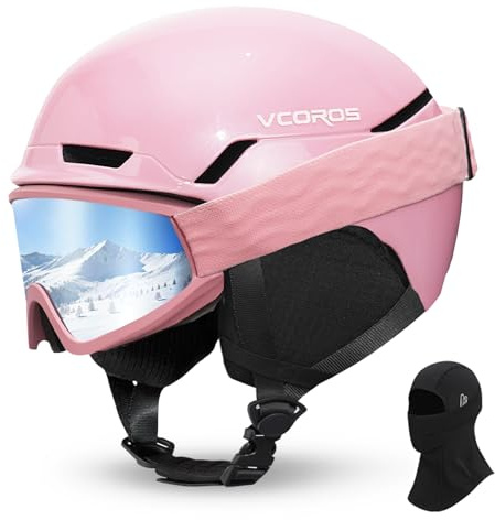 Casco da Sci con Occhiali da Sci Passamontagna Casco Sci per Uomo Donna con Cuscinetti Auricolari Rimovibili Ventilazione UV Ski Helmet per Ski (Rosa Lucido+Occhiali da Sci + Passamontagna, S)