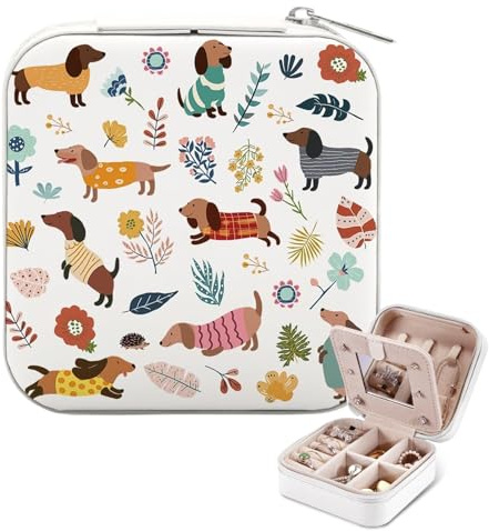 Dachshund Travel Jewellery Box, Cute Pet Dog Small Jewellery Box with Mirror, Waterproof Travel Jewelry Storage Organizer for Necklaces Earrings Rings, Dachshund Gifts for Dog Lovers Women Girls