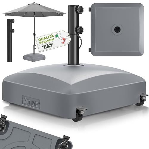 tillvex® Base de sombrilla PAVERA con Ruedas y Frenos | Soporte de lastre rellenable 37L / 56kg | Pie para Parasol y sombrilla de Mercado Ø 1,8-3,7m | Resistente a la Intemperie y UV (Antracita)