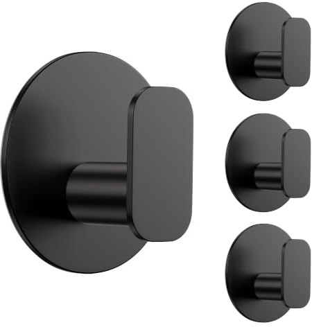 Aikzik 4 Pack Large Self Adhesive Hooks, Over 10kg Load - Stainless Steel Sticky Hook Heavy Duty, Hooks for Hanging Towel, Coat, Tea Towel Holder, Stick on Bathroom, Kitchen, Door and Wall - Black