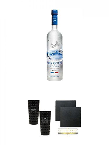 Grey Goose Vodka 0,7 Liter + Three Sixty black Vodka Glas 2 Stück (black) + Schiefer Glasuntersetzer eckig ca. 9,5 cm Ø 2 Stück