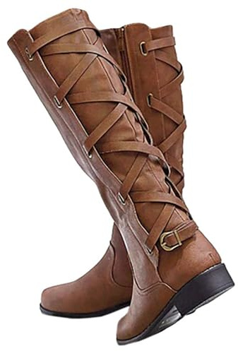 Syktkmx Womens Strappy Motorcycle Knee High Boots Winter Lace Up Riding Flat Low Heel Shoes, Brown, Size 7
