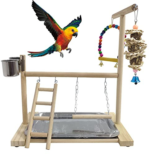 Hamiledyi Bird Playground Parrots Play Stand Natural Wooden Parrot Perch Gym Playpen Pet Parakeet Ladders with Feeder Cups for Cockatoo Conure Cockatiel Cage Accessories Exercise Toy (Include a Tray)