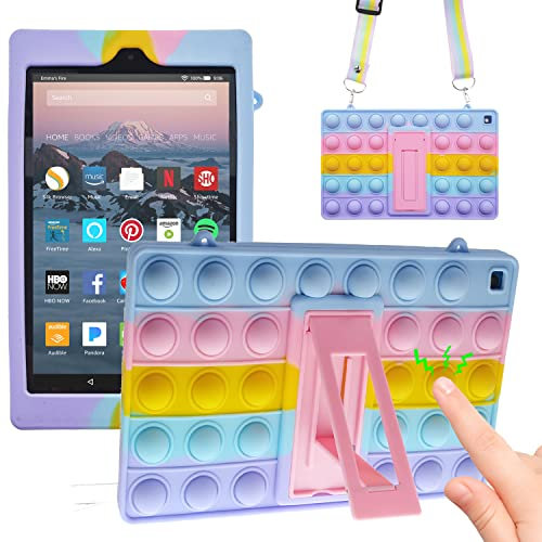 iZi Way Pop It Tablet Case for Amazon Fire HD 8 (8th & 7th Gen, 2018 / 2017 Release), Fidget Toy Popit Puppet Push Bubble Wrap Cute Silicone Cover with Stand Lanyard for Kids Girls Boys- Rainbow