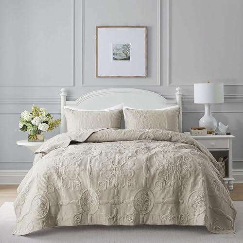 B2EVER Beige Damask Quilt King Size Bedding Sets with 2 Pillow Shams, Boho Bedspread Lightweight Soft Farmhouse Vintage Bohemian Coverlet Retro Jacquard Pattern Bed Cover for All Season, 3 Pieces