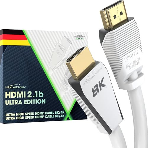 KabelDirekt – 10K & 8K HDMI Kabel, HDMI 2.1 b, zertifizierte Ultra Edition für maximale Performance – 3m (48G, Ultra High Speed, 8K@60Hz/4K@144Hz, Gaming PC/PS5/Xbox, HDMI-zertifiziert, weiß)