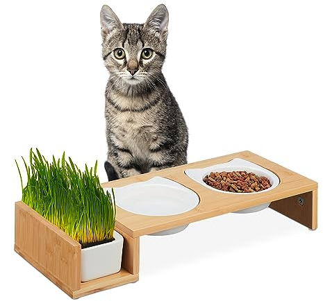 Relaxdays Comedero Gatos con Cuenco de Hierba, 2 Platos de Cerámica de 400 ml, Apto para Lavavajillas, Natural/Blanco