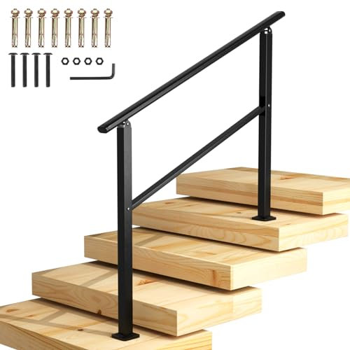Homtone Stair Handrail 120x90cm, Wrought Iron Railing for Outdoor Steps, Fit 3 to 4 Steps, Indoor Transition Rails with Installation Kit Stainless Steel Screw, for Elderly, Garden, Porch, Slope, Black