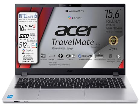 Acer Notebook Core i5-1334u, Display FHD IPS 15,6, Ram 16Gb DDR5, SSD 512Gb (256Gb x 2), Wi-Fi6e, BT, 4 Usb, 2 type-C Thunderbolt, tastiera retroilluminata, fingerprint, Win 11Pro, Ready to use