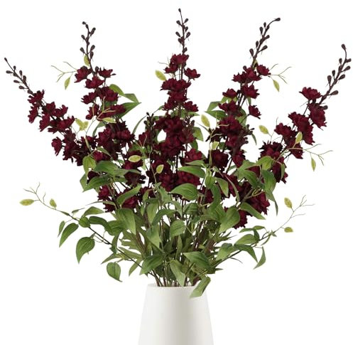 IPOPU Dark Red Flowers Artificial Delphinium 9PCS Burgundy Larkspur Artificial Flowers with Clematis Greenery Burgundy Silk Flowers for Wedding Centerpieces for Home Table Decor (Dark Red)