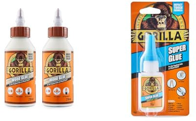 Gorilla Wood Glue 236ml (Pack of 2) & Super Glue, 15g – All Purpose, Impact Tough & Fast Setting with Anti-Clog Cap Ideal for Metal, Ceramics, Leather & More