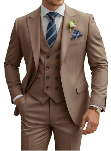 TIJOFA Mens Suit 3 Piece Slim Fit Suits for Men Double Breasted Suit Wedding Prom Suits Formal Business Dinner Tuxedo, Tan, L