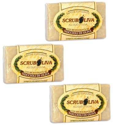 Fratelli Risso - Sapone Esfoliante, Scrub Oliva, Saponetta all'Olio di Oliva, Sapone Naturale, 3 Pezzi da 150 grammi