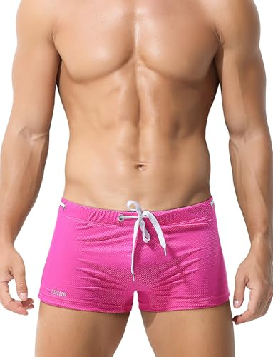 SEAUR Costume da bagno da uomo, pantaloncini da bagno corti stretti, vita bassa, pantaloncini da bagno sexy, boxer leggeri sottili, pantaloncini da bagno con coulisse, sport acquatici, EU S-XL, Rosa