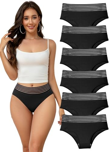 Hialegion Bragas de Algodón con Cintura Alta para Mujer, Culotte con Cinturón Elástico, Bragas de Bikini Suave y Cómoda, Negro, Pack de 6, Talla L