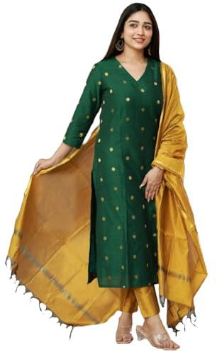 GoSriKi Women's Viscose Rayon Printed Straight Kurta with Pants and Dupatta | 3-Piece Ethnic Kurta Set for Women | Traditional Regular Cut Outfit | Elegant Printed Design, Green, M