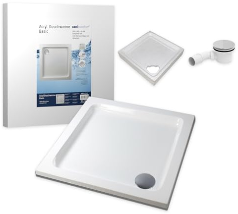 sanicomfort Duschwannen-Set Basic 90 x 90 x 6 cm - Flache Acryl-Duschtasse inkl. Styropor-Wannenträger & Ablaufgarnitur, Weiß, Komplett-Set für bodengleichen Einbau