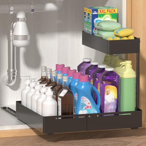 Rangement Sous Evier, Largeur Réglable en Hauteur, avec Tiroir Coulissant | YJHome 1-Pièce Noir Organisateur Sous Évier à 2 Étages pour Cuisine, Salle de Bain, Armoire