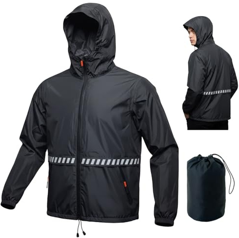 RJVZVEJH Mens Rain Waterproof Jackets with Hood, Lightweight Packable Raincoat with Reflective Strip, Water Proof Rainy Windbreaker Clothes for Outdoor Cycling Golf Hiking Travel