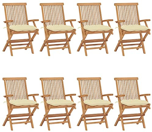 LoogCape Trädgårdsstolar av massivt teak med krämvita kuddar, 8 stycken, vikbara med armstöd, väderbeständig för terrass, balkong och trädgård, avslappnad sittkomfort