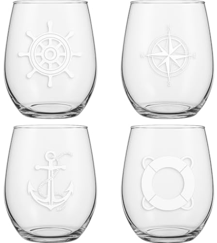 Set of 4 Stemless Boat Wine Glasses – 16oz Unbreakable Nautical Glasses with Anchor, Compass, Helm & Life Ring – BPA-Free Tritan Plastic, Dishwasher Safe – Ideal for Boats, Pool, RV & Outdoor Use