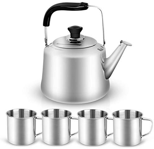 Odoland Teekessel Camping Wasserkessel 3L Kaffeekanne Wasserkocher Outdoor Geschirr Set mit Teekanne und 4 Edelstahlbecher Camping Kochgeschirr Set idea für Outdoor Picknick Wandern