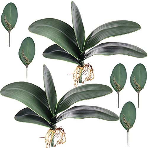 HinyoCo 7 stycken konstgjord grön simulering mala orkidé blad, 26 cm konstgjorda blad äkta latex touch grön växt för blommor trädgård bonsai dekor