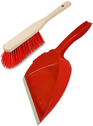Brushmann Handborste i trä och plastsopskyffel set (röd styv borste)