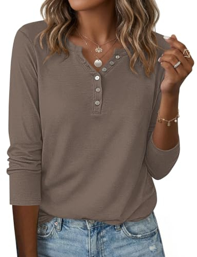 WNEEDU Donna Magliette Maniche Lunghe Henley T-Shirt Bottoni Scollo a V | Camicetta a Maglia,Maglione Facile da abbinare,Blusa Lunga,Tunica Leggera