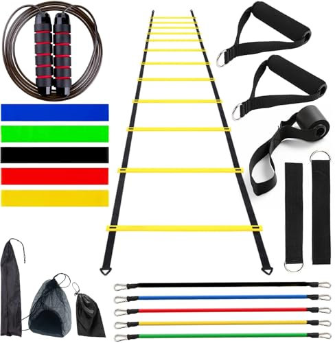 NIUNIAJ Fußball Trainingsset,Fussball Trainingszubehör,Koordinationsleiter 6-Meter,20Hütchen Fussball,20 Markierungshütchen,4 Erdnägel 1Widerstandsschirm 1 Tragetasche Fussball Trainingsset