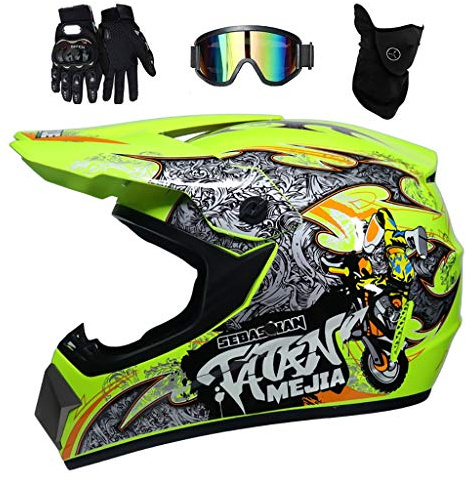 Pieno Volto MTB Casco Motocross, Gioventù Bambino ATV Fuoristrada Moto Incidente Casco, Discesa Enduro MX Quad Dirt Bike Casco Attrezzatura Protettiva, con Goggles Guanti Maschere (Color : Green, Si