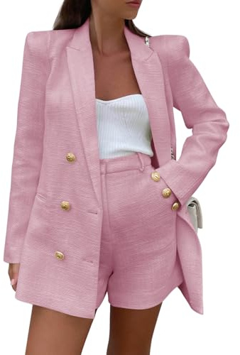 Cicy Bell Ensemble Blazer 2 pièces en Tweed à Manches Longues et Double Boutonnage pour Femme, Rose, Taille L