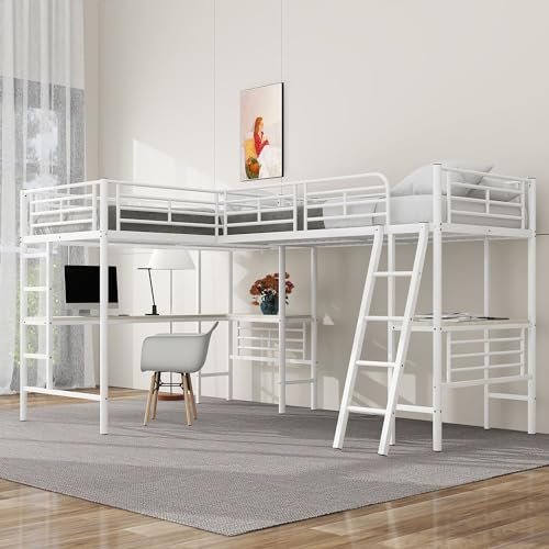 HYUB Kinderbett Etagenbett 90 x200 mit Lattenrosten aus Metal und Tisch, Zwei Einzelbett mit Rausfallschutz für Kinder und Jugendliche, Weiß