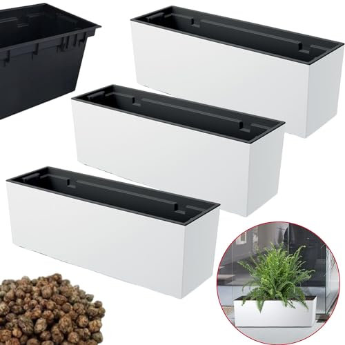 DIKEL 3X Urbi Maceta Alargada - Maceta de Interior y Exterior - Maceta - Maceta de balcón - Maceta Decorativa - DUC600 + Caja 5l Arcilla expandida + Inserto - 185x585x195mm - Blanco