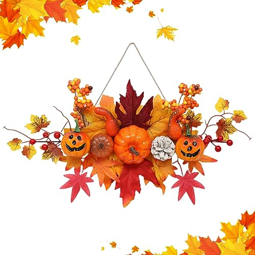 Höstkrans halloween krans pumpa lönnlöv höst dörrkrans med hängande repkrans för ytterdörren Thanksgiving halloween dekorationer