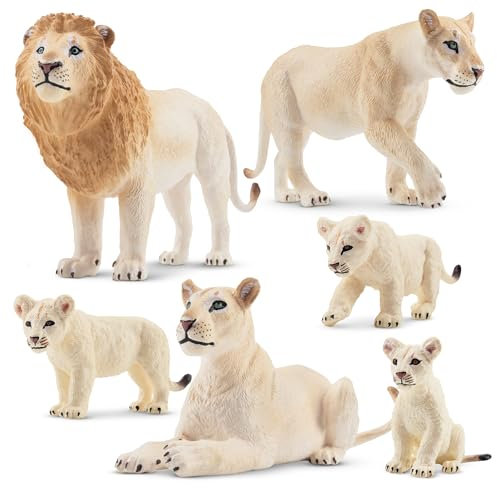 toymany 6PCS White Lion Figurines with White Lion Cubs, Realistic Jungle Animals Figures Family Set Includes Baby Lions, Educational Toy Cake Toppers Christmas Birthday Gift for Kids Toddlers