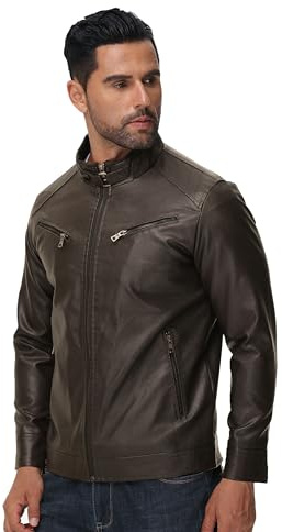 DON JOHNSON Giacca in Pelle Sintetica da Uomo Giubbotto Ecopelle in Similpelle Stile Biker in Finta pelle Casual Vintage (IT, Testo, XL, Regular, Regular, Marrone)