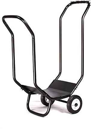 Schwerlast-Kaminholzregal für den Außen- und Innenbereich, tragbarer Kaminholzwagen mit stabilem Metallrahmen, schwarzer Schmiedeeiserner Kaminholzhalter mit Holzablageregal
