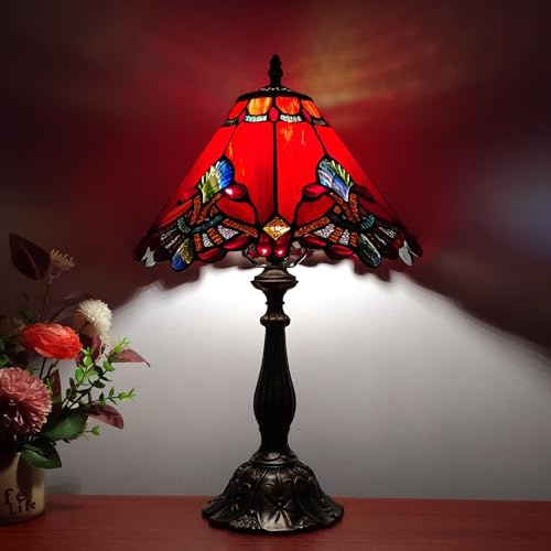 XPHMXP Tiffany Table Lamp Red Baroque Style Stained Glass Lamp 12X12X19 Inch Antique Lamp for Office Home Bedroom Living Include 3-Color LED Bulb