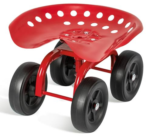 COSTWAY Rolling Garden Cart, Height Adjustable Outdoor Gardening Stool Trolley with 360° Swivel Seat, Heavy Duty Gardener Planting Workseat Scooter, 150kg Weight Capacity (Red)