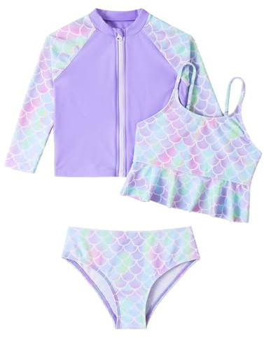 WYTbaby Costume da bagno da ragazza, 3 pezzi, a maniche lunghe, Rash Guard Set Tankini Bikini UV, abbigliamento protettivo per bambini e bambine, 3-8 anni, Lilla, 7-8 Anni